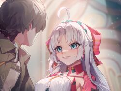 Rule 34 | 1boy, 1girl, ahoge, black bow, black bowtie, black hair, black jacket, bow, bowtie, breasts, carlotta (wuthering waves), dress, gold necklace, green eyes, grey shirt, hair bow, hal (sin diver), headband, highres, jacket, jewelry, light blush, light smile, long hair, male rover (wuthering waves), medium breasts, multicolored eyes, necklace, open clothes, open jacket, pink bow, pink bowtie, rover (wuthering waves), shirt, stage lights, two-tone eyes, white bow, white bowtie, white dress, white hair, wuthering waves