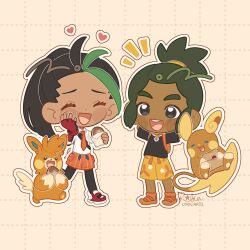 1boy 1girl :d ^_^ alolan_form alolan_raichu arms_behind_head black_eyes black_hair black_leggings brown_bag closed_eyes collared_shirt commentary creatures_(company) dark-skinned_female dark-skinned_male dark_skin english_commentary eyelashes floating food freckles game_freak gen_7_pokemon gloves green_hair grid_background hau_(pokemon) heart highres holding holding_food leggings leggings_under_shorts multicolored_hair naranja_academy_school_uniform necktie nemona_(pokemon) nintendo notice_lines open_mouth orange_fur orange_necktie orange_shorts pawmot poke_ball_symbol pokemon pokemon_(creature) pokemon_sm pokemon_sv ponytail print_shorts red_gloves robin_(robinlynnarts) sandals school_uniform shirt shorts signature simple_background single_glove smile streaked_hair teeth two-tone_hair upper_teeth_only white_background white_shirt