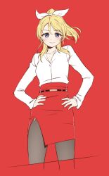 Rule 34 | 1girl, aoa (group), ayase eli, black pantyhose, blue eyes, blush, breasts, closed mouth, collarbone, commentary request, cropped legs, hands on own hips, high ponytail, korean commentary, long sleeves, looking at viewer, love live!, love live! school idol project, medium breasts, miniskirt, mixed-language commentary, open collar, pantyhose, pas (paxiti), pencil skirt, ponytail, red background, red skirt, shirt, side slit, simple background, skirt, smile, solo, straight-on, white shirt