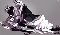 2girls aryll_(marbles) black_cape black_thighhighs cape demon_girl demon_horns dress etihw_(funamusea) face-to-face funamusea genderswap genderswap_(mtf) haiiro_teien highres horns kcalb_(funamusea) long_hair multiple_girls thighhighs very_long_hair white_dress