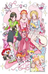 3girls :o bandaid bandaid_on_leg black_hair black_pants blonde_hair blossom_(ppg) blue_eyes blue_shirt blue_shoes bomhat bow bubbles_(ppg) buttercup_(ppg) candy capri_pants cat character_doll character_name closed_mouth commentary copyright_name corded_phone crop_top doll food frilled_skirt frills frown full_body green_arm_warmers green_eyes green_shirt hair_bow hair_ornament hairclip highres holding holding_doll index_finger_raised leg_warmers long_hair long_sleeves miniskirt multiple_girls navel pants pepper_shaker phone pink_eyes pink_pants pink_shirt pink_shoes ponytail powerpuff_girls red_bow red_hair salt_shaker shirt shoes short_hair short_twintails sitting skirt smile twintails white_shoes yellow_leg_warmers
