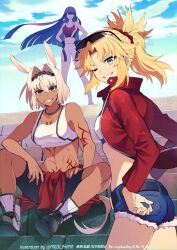 3girls adapted_costume animal_ears artist_name bare_shoulders belt black_gloves black_hairband blonde_hair blue_eyes blunt_bangs blunt_ends breasts caenis_(fate) cloud collarbone cowboy_shot cutoffs dark-skinned_female dark_skin day denim denim_shorts eyewear_on_head fate/grand_order fate_(series) full_body gloves green_eyes hair_between_eyes hairband hands_on_own_hips highres jewelry long_hair long_sleeves looking_at_viewer martha_(fate) martha_(swimsuit_ruler)_(fate) martha_(under_the_same_sky)_(fate) medium_breasts meiji_ken midriff mordred_(fate) mordred_(memories_at_trifas)_(fate) multiple_girls navel necklace one_eye_closed outdoors ponytail red_scrunchie revision scrunchie short_hair short_shorts shorts sitting sitting_on_stairs sky sleeveless small_breasts stairs stomach sunglasses tattoo teeth very_long_hair watermark white_hair
