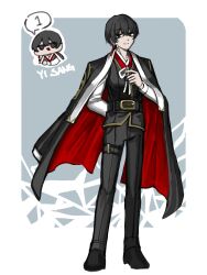 1boy alternate_costume black_coat black_eyes black_hair black_pants black_shoes black_vest border character_name closed_mouth coat coat_on_shoulders earrings full_body grey_background highres jewelry limbus_company long_sleeves looking_at_viewer male_focus nra_3614 pants project_moon ribbon shirt shoes short_hair simple_background single_earring smile solo standing vest white_border white_ribbon white_shirt yi_sang_(project_moon)