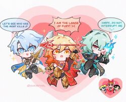 3boys 3girls anaxa_(honkai:_star_rail) aqua_hair armor blonde_hair blossom_(ppg) blue_eyes blue_fire blue_hair braid bubbles_(ppg) buttercup_(ppg) chest_tattoo chibi chibi_only closed_mouth commentary english_commentary english_text facial_tattoo fire floating floating_object floating_weapon full_body gold_armor gradient_hair greatsword hair_between_eyes hair_over_one_eye hand_tattoo heart heart_background holding holding_sword holding_weapon honkai:_star_rail honkai_(series) looking_at_viewer male_focus multicolored_eyes multicolored_hair multiple_boys multiple_girls mydei_(honkai:_star_rail) open_mouth phainon_(honkai:_star_rail) pink_background polearm powerpuff_girls pyrokinesis red_hair red_tattoo reference_inset short_hair side_braid simple_background sparkle speech_bubble sword tattoo trait_connection twitter_username two-tone_eyes weapon yammyyml yellow_eyes