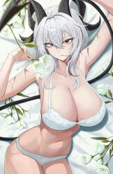 Rule 34 | 1girl, absurdres, arm up, bare shoulders, bed, black horns, black tail, bra, breasts, collarbone, commentary, curled horns, demon tail, flower, from above, grey hair, hair between eyes, hand up, highres, holding, holding flower, horns, large breasts, long hair, looking at viewer, lying, mole, mole on breast, multicolored hair, navel, on back, on bed, panties, parted lips, red eyes, scar, solo, sp123, stomach, streaked hair, tail, thighs, underwear, white bra, white flower, white panties, wuthering waves, zani (wuthering waves)