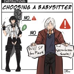 ! 1boy 1girl baby_instructions_101_(meme) beard_stubble black_gloves black_hair black_shirt black_shorts coat dante_(devil_may_cry) devil_may_cry_(series) devil_may_cry_5 facial_hair fingerless_gloves food food_in_mouth gloves goggles goggles_around_neck gun handgun highres holding holding_gun holding_sign holding_weapon jacket jumpoon kalina_ann_(weapon) lady_(devil_may_cry) meme midriff one_eye_closed pizza pizza_slice red_coat rocket_launcher shirt shorts sign signature smile stubble weapon white_hair white_jacket white_shirt