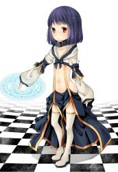Rule 34 | 1girl, belt, belt collar, black belt, black eyes, black sandals, black skirt, blush, checkered floor, closed mouth, collar, commentary request, crop top, expressionless, flat chest, front slit, full body, heterochromia, highres, looking at viewer, magic, magic circle, meiko (nattu303), navel, purple hair, ragnarok online, red eyes, sandals, shirt, short hair, skirt, solo, standing, suspenders, thighhighs, warlock (ragnarok online), white background, white shirt, white thighhighs