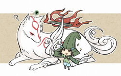 1boy :d ? amaterasu_(ookami) animal_focus armor brown_background brown_eyes brown_hair chibi chibi_only crossover green_helmet helmet issun japanese_armor kabuto_(helmet) letterboxed looking_at_another mouri_motonari_(sengoku_basara) ookami_(game) open_mouth outside_border sengoku_basara short_hair smile solo sparkle toruglose white_fur wolf