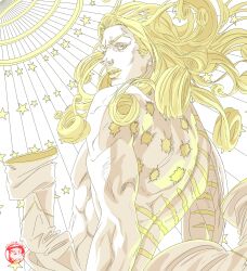 Rule 34 | absurdres, american flag, american flag print, araki hirohiko (style), coat, cropped torso, curly hair, flag print, from behind, funny valentine, grandguerrilla, highres, jojo no kimyou na bouken, limited palette, long hair, looking at viewer, male focus, monochrome, parted lips, scar, scar on back, solo focus, steel ball run, three quarter view, topless male, unworn coat