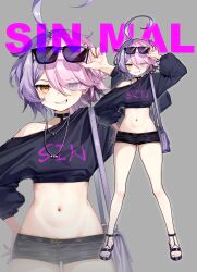 Rule 34 | 1girl, absurdres, ahoge, bag, benghuai xueyuan, black choker, black sweater, character name, choker, earrings, full body, grey background, grin, highres, honkai (series), jewelry, micro shorts, midriff, multicolored hair, nail polish, navel, necklace, pink hair, purple eyes, purple hair, purple nails, sandals, sharp teeth, short hair, short shorts, shorts, shoulder bag, sin mal, sin mal0909, smile, solo, stomach, stomatch, sunglasses, sweater, teeth, toenail polish, toenails, toes, two-tone hair, yellow eyes, zoom layer