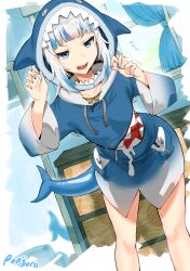 1girl absurdres animal_costume animal_hood blue_eyes blue_hair blue_hoodie blue_nails claw_pose curtains fins fish_tail gawr_gura gawr_gura_(1st_costume) grey_hair highres hololive hololive_english hood hoodie long_hair medium_hair multicolored_hair nail_polish popiiporo shark_costume shark_girl shark_hood shark_tail sharp_teeth smile solo streaked_hair tail teeth virtual_youtuber