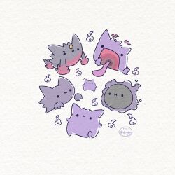 ._. chibi closed_mouth evolutionary_line gastly gen_1_pokemon gengar gigantamax gigantamax_gengar haunter highres mega_gengar mega_pokemon nintendo no_humans open_mouth ototo_(otokameseimen) pokemon pokemon_(creature) pokemon_focus rayman_limbs tongue tongue_out white_background