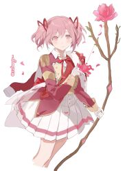 1girl adapted_costume aiguillette bow_(weapon) branch cape closed_mouth collared_jacket commentary_request cosplay cropped_legs dot_nose epaulettes falling_petals flower fur-trimmed_jacket fur_trim gloves hair_between_eyes hair_ribbon hand_up highres holding holding_bow_(weapon) holding_flower holding_weapon jacket jacket_on_shoulders kaname_madoka light_blush light_smile long_sleeves looking_at_viewer mahou_shoujo_madoka_magica miniskirt multicolored_jacket neck_ribbon petals pink_eyes pink_flower pink_hair pleated_skirt red_jacket red_ribbon red_sash ribbon sash see-through_cape short_hair short_twintails shoujo_kageki_revue_starlight shoulder_sash simple_background single_horizontal_stripe skirt solo sukuuyu twintails twitter_username two-tone_jacket waist_cape weapon white_background white_gloves white_skirt yellow_jacket yellow_sleeve_cuffs