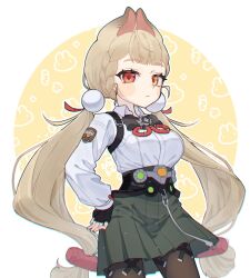 1girl alice_thymefield animal_ears black_bow black_bowtie black_gloves black_pantyhose black_skirt blonde_hair bow bowtie closed_mouth collared_shirt fingerless_gloves gloves hair_ornament heterochromia highres long_hair looking_at_viewer pantyhose pom_pom_(clothes) pom_pom_hair_ornament royai_guard shirt skirt very_long_hair white_shirt zenless_zone_zero