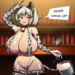 animal_print bar_(place) bartardbat0 bartender bell bikini blonde_hair breasts bucket burnice_white cow_horns cow_print cow_print_bikini cow_print_thighhighs cow_tail cowbell curvy highres horns lactation large_breasts milk print_bikini print_thighhighs red_eyes salute short_twintails swimsuit tail thick_thighs thighhighs thighs tongs twintails wide_hips
