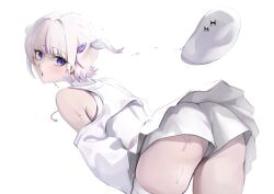 1girl absurdres ass bent_over beret blunt_bangs clothing_cutout commentary dalcom dated_commentary grey_hair hat highres hololive hololive_dev_is leotard leotard_under_clothes long_sleeves looking_at_viewer miniskirt multicolored_hair official_alternate_costume pleated_skirt purple_eyes purple_hair short_hair shorts shoulder_cutout shrug_(clothing) single_thighhigh skirt solo streaked_hair thighhighs todoroki_hajime todoroki_hajime_(regloss_uniform) two_side_up unworn_hat unworn_headwear virtual_youtuber white_hat white_leotard white_shorts white_shrug white_skirt white_thighhighs