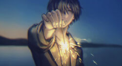 1boy absurdres black_hair black_jacket blurry blurry_background collarbone commentary_request fireworks gradient_sky green_eyes hair_over_one_eye highres holding holding_fireworks jacket looking_at_object male_focus mountainous_horizon moxamog night ocean original outdoors senkou_hanabi shirt short_hair sky smile solo sparkle sparkler teeth twilight upper_body