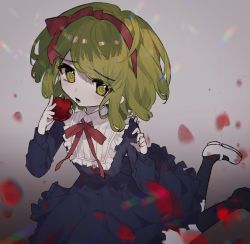 1girl apple black_dress black_footwear blush bow bowtie breasts kneehighs cleavage danganronpa_(series) danganronpa_another_episode:_ultra_despair_girls dress eyebrows eyelashes food fruit gradient_background green_eyes green_hair grey_background hair_bow hair_ribbon hairband hand_up headband holding holding_food kneeling long_sleeves looking_at_viewer lower_teeth_only mary_janes matching_hair/eyes neck_ribbon open_mouth palms petals red_bow red_hairband red_headband red_headwear red_ribbon ribbon shoes simple_background teeth towa_monaca white_footwear