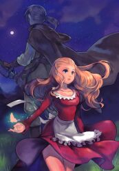Rule 34 | 1boy, 1girl, anlucea, apron, back-to-back, blonde hair, blue eyes, boots, brother and sister, brown boots, brown cloak, bug, butterfly, cloak, cloud, collarbone, commentary request, cowboy shot, dragon quest, dragon quest x, dress, facing away, floating clothes, floating hair, full moon, glowing butterfly, grass, green tunic, hair slicked back, hand on hilt, insect, long hair, looking up, moon, night, night sky, official alternate costume, parted lips, ponytail, red dress, satounu, sheath, siblings, sky, star (sky), sword, touma (dq10), tunic, unsheathing, waist apron, weapon, white apron, white trim