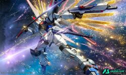 asymmetrical_dual_wielding beam_rifle commentary_request company_name copyright_name copyright_notice dual_wielding energy_gun glowing glowing_eyes gun gundam gundam_arsenal_base gundam_seed gundam_seed_freedom holding holding_gun holding_sword holding_weapon katana light_particles mecha mechanical_wings mighty_strike_freedom_gundam no_humans official_art profile robot science_fiction solo space sword takayama_toshiaki weapon wings yellow_eyes