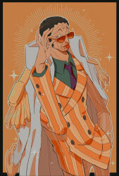 1boy black_hair coat coat_on_shoulders cow epaulettes facial_hair formal_clothes green_shirt hand_in_pocket highres honesty_1114 kizaru_(one_piece) long_sleeves looking_at_viewer male_focus marine_uniform_(one_piece) mature_male necktie one_eye_closed one_piece orange-tinted_eyewear shirt short_hair solo striped_suit stubble suit sunglasses tinted_eyewear tongue tongue_out white_coat yellow_eyes yellow_suit