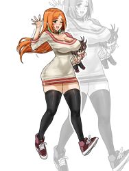 Rule 34 | 1girl, alternate eye color, ayase momo, ayase momo (cosplay), black thighhighs, bleach, blush, breasts, choker, collarbone, cosplay, crossover, dandadan, earrings, highres, holding, holding stuffed toy, inoue orihime, jewelry, large breasts, leteo 01, long hair, one eye closed, open mouth, orange hair, shoes, simple background, stuffed toy, thighhighs, toy, waving, white background