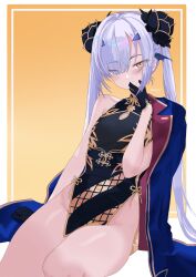 1girl absurdres arm_support artist_name bare_arms bare_legs bare_shoulders black_cheongsam black_flower black_gloves blue_coat blush breasts brown_background china_dress chinese_clothes closed_mouth coat coat_on_shoulders covered_mouth covering_own_mouth dragon_wings dress fate/grand_order fate_(series) flower forked_eyebrows full_body gloves hair_ornament hair_over_one_eye highres kayu_manis19 long_hair looking_at_viewer melusine_(fate) mini_wings off_shoulder sidelocks signature simple_background sitting sleeveless small_breasts thighs white_hair wings yellow_eyes
