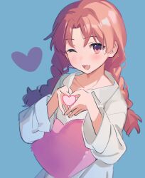 Rule 34 | 1girl, ;d, alternate hairstyle, blue background, braid, brown eyes, brown hair, collared shirt, commentary request, heart, heart-shaped pillow, heart hands, highres, labixiaohua, long hair, long sleeves, one eye closed, open mouth, pillow, shirai kuroko, shirt, smile, solo, toaru kagaku no railgun, toaru majutsu no index, twin braids, white shirt