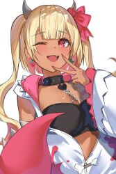 1girl black_collar black_tube_top blonde_hair bow breasts cleavage collar colored_inner_hair dinosaur_earrings earrings food-themed_earrings food_themed_earrings gyaru highres horn_bow horn_ornament horns ichigo_moka_(vtuber) indie_virtual_youtuber jacket jewelry mismatched_earrings multicolored_hair nail_polish one_eye_closed open_mouth partially_open_jacket red_eyes ringozeri simple_background small_horns solo spiked_collar spikes strapless strawberry_earrings tan tube_top two_side_up upper_body v v_over_mouth virtual_youtuber white_background white_jacket wide_sleeves