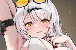 1girl arm_strap armpits eyewear_on_head foxyreine highres paid_reward_available single_hair_intake solo sunglasses tinted_eyewear tongue tongue_out upper_body white_hair yellow-tinted_eyewear yellow_eyes yi_xuan_(zenless_zone_zero) zenless_zone_zero