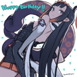 1girl black_collar black_dress black_gloves blue_eyes blunt_bangs closed_mouth collar commentary_request detached_sleeves dress dutch_angle feathered_wings flat_chest from_behind fur-trimmed_collar fur_trim gloves gradient_hair half_gloves happy_birthday hololive hololive_english kuroboshi_kouhaku light_smile long_hair looking_back low_wings miniskirt mole mole_under_eye multicolored_hair ninomae_ina&#039;nis ninomae_ina&#039;nis_(1st_costume) orange_hair orange_skirt pleated_skirt pointy_ears purple_hair short_dress sidelocks simple_background single_detached_sleeve skirt skirt_under_dress solo straight_hair strapless strapless_dress tentacle_hair tentacles tube_dress very_long_hair virtual_youtuber white_sleeves white_wings wings