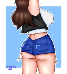 Rule 34 | 1girl, absurdres, ass, breasts, brown hair, creatures (company), denim, denim shorts, game freak, ghostpoisonart, highres, hilda (pokemon), huge ass, huge breasts, jacket, mature female, micro shorts, nintendo, non-web source, pokemon, pokemon bw, shirt, shorts
