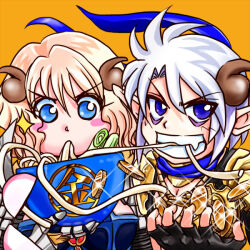 1boy 1girl armor black_gloves blonde_hair blue_eyes bowl brown_horns coin commentary_request eating fingerless_gloves food gauntlets gloves grin holding holding_bowl horns looking_at_viewer mechanic_(ragnarok_online) noodles orange_background pauldrons pointy_ears ragnarok_online ramen royal_guard_(ragnarok_online) short_hair shoulder_armor smile upper_body v-shaped_eyebrows white_hair yukimushi
