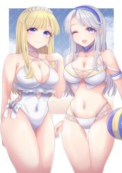 Rule 34 | 2girls, ball, bikini, blonde hair, blue hairband, blush, breasts, casual one-piece swimsuit, choker, commission, cosplay, costume switch, cowboy shot, criss-cross halter, cross-laced bikini, cross-laced clothes, double bun, fletcher (kancolle), fletcher (kancolle) (cosplay), fletcher (swimsuit) (kancolle), flower, frilled one-piece swimsuit, frills, grey hair, hair bun, hair flower, hair ornament, hairband, halterneck, highleg, highleg one-piece swimsuit, highres, kantai collection, large breasts, long hair, looking at viewer, multi-strapped bikini bottom, multiple girls, nagi kantai114, navel, o-ring, o-ring swimsuit, off shoulder, one-piece swimsuit, one eye closed, open mouth, purple eyes, sagiri (kancolle), sagiri (kancolle) (cosplay), sagiri (swimsuit) (kancolle), side-tie swimsuit, skeb commission, smile, swept bangs, swimsuit, thigh gap, white bikini, white choker, white one-piece swimsuit
