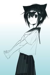 1boy absurdres animal_ears aoyagi_ritsuka cat_boy cat_ears cat_tail crossdressing extra_ears highres looking_at_viewer loveless male_focus monochrome neckerchief pleated_skirt sailor_collar school_uniform serafuku shirt short_hair short_sleeves skirt smile solo tail user_nfzt8223