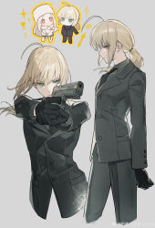 Rule 34 | 2girls, absurdres, ahoge, aiming, arms up, artoria pendragon (fate), black gloves, black jacket, black necktie, black pants, black shirt, black shoes, black suit, blonde hair, blunt bangs, boots, business suit, chibi, chinese commentary, closed mouth, collared jacket, collared shirt, expressionless, fate/zero, fate (series), formal clothes, from side, fur-trimmed jacket, fur trim, gloves, green eyes, grey background, gun, hair flowing over, hat, highres, holding, holding gun, holding weapon, huge ahoge, irisviel von einzbern, jacket, light smile, long hair, long sleeves, looking at viewer, looking to the side, low ponytail, multiple girls, naixiangxue, necktie, pants, ponytail, reaching, reaching towards viewer, red eyes, saber (fate), shade, shirt, shoes, simple background, standing, suit, suit jacket, upper body, watermark, weapon, weibo username, weibo watermark, winter clothes