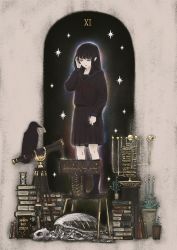 1girl absurdres adjusting_hair bird black_hair black_sailor_collar black_serafuku black_shirt black_skirt book book_stack bow card_(medium) closed_eyes clothes_grab crow deg_(deguana) hand_up highres hourglass long_hair neck_ribbon on_chair original parted_lips planetarium plant potted_plant red_ribbon ribbon roman_numeral sailor_collar school_uniform serafuku shirt sidelocks skeleton skirt skirt_grab socks standing star_(sky) tarot tarot_(medium) telescope tucking_hair turtle