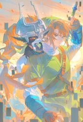 Rule 34 | 1boy, 1girl, absurdres, arm up, bakutiku, belt, blue eyes, brown belt, brown gloves, closed mouth, earrings, fingerless gloves, gloves, green headwear, green tunic, hat, highres, holding, holding sword, holding weapon, jewelry, link, midna, nintendo, outdoors, shirt, smile, strap, sword, the legend of zelda, the legend of zelda: twilight princess, tunic, twilight, weapon, white shirt