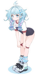 Rule 34 | 1girl, absurdres, ahoge, asymmetrical legwear, black one-piece swimsuit, blue eyes, blue hair, braid, buruma, clothes pull, full body, hair flaps, hair intakes, hair ornament, hairclip, highres, hololive, hololive dev is, k-go, looking at viewer, loose socks, mizumiya su, multicolored hair, one-piece swimsuit, parallel hairclips, pink hair, pulling own clothes, red buruma, shirt, shirt pull, shoes, short sleeves, shorts, shorts pull, simple background, sneakers, socks, solo, swimsuit, twin braids, two-tone hair, uneven legwear, virtual youtuber, white background, white shirt
