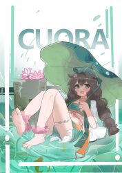 1girl :d arknights bandeau barefoot blush brown_hair character_name chinese_commentary choker commentary crop_top cuora_(amongst_lotuses)_(arknights) cuora_(arknights) flower frilled_bandeau frills full_body green_bandeau green_eyes green_shorts hair_flower hair_ornament hair_tie highres holding hoshikawayoyami long_hair looking_at_viewer official_alternate_costume open_mouth pink_flower short_shorts shorts smile soles solo white_choker