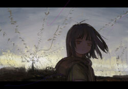 1girl absurdres black_hair ciel_(paradis47) closed_mouth dated_commentary expressionless floating_hair highres hood hood_down hoodie letterboxed looking_at_viewer medium_hair original outdoors purple_sky short_sleeves sky solo twilight