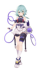 1569847238 1girl absurdres alternate_costume asymmetrical_gloves bandaid bandaid_on_face chinese_commentary closed_mouth clothing_request commentary_request eyeball full_body gloves green_eyes green_hair highres komeiji_koishi looking_at_viewer mismatched_gloves no_headwear purple_gloves shoes simple_background smile socks solo third_eye touhou uneven_gloves white_background white_shoes white_socks