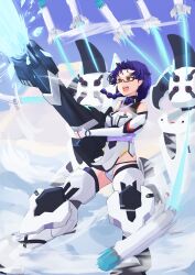 1girl absurdres alice_gear_aegis braid glasses gun highres holding holding_gun holding_weapon mecha_musume missile okra_(osakimakkura33) panties purple_hair red-framed_eyewear underwear weapon white_panties yorishiro_eri