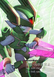 Rule 34 | 1boy, armor, cable, dual wielding, energy sword, facial mark, forehead jewel, glowing, glowing eye, green armor, green background, green eyes, green helmet, head wings, helmet, holding, holding sword, holding weapon, male focus, mechanical wings, mega man (series), mega man zero (series), sage harpuia (mega man), simple background, solo, sword, twitter username, watermark, weapon, wings, yamanashi taiki