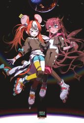 &gt;_&lt; 2girls :d absurdres alternate_costume animal_ears asymmetrical_legwear black_collar black_hair black_jacket black_pants black_shirt blue_eyes blue_ribbon clothes_around_waist collar denim denim_shorts disco_ball fang hakos_baelz hand_on_another&#039;s_waist heart heterochromia highres hololive hololive_english horns inline_skates irys_(hololive) jacket key knee_pads kneehighs long_hair looking_at_another mouse_ears mouse_girl mouse_tail mousetrap multicolored_hair multiple_girls open_mouth pants purple_eyes purple_hair rainbow red_hair red_legwear red_ribbon ribbon roller_skates shirt short_shorts shorts single_kneehigh single_sock single_thighhigh skates three-quarter_sleeves smile socks space spiked_collar spikes star_(sky) streaked_hair sweater sweater_around_waist syagamu tail thighhighs twintails very_long_hair virtual_youtuber white_hair yellow_legwear yuri