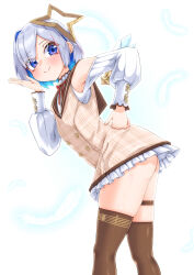 1girl absurdres amane_kanata angel_wings ass blue_hair blush brown_dress brown_sailor_collar brown_thighhighs buttons colored_inner_hair cosplay double-breasted dress feathered_wings flat_chest frilled_dress frills grey_hair hair_ornament halo highres hololive long_sleeves looking_at_viewer multicolored_hair neck_ribbon nyang-kaz otonose_kanade otonose_kanade_(1st_costume) otonose_kanade_(cosplay) petite plaid_clothes plaid_dress purple_eyes red_ribbon ribbon sailor_collar shirt short_hair single_hair_intake smile solo star_halo streaked_hair thigh_strap thighhighs thighs twisted_torso virtual_youtuber white_shirt wings