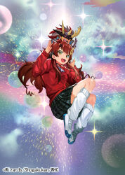 1girl black_choker black_ribbon black_skirt bow breasts brown_hair bubble choker copyright_notice dragon_musume_ni_naritakunai! duel_masters fang full_body gradient_background hair_ornament hair_ribbon hairpin hands_up hood hoodie ichimaru_kisuke knees_up long_hair looking_at_viewer loose_socks maguma_mega official_art open_mouth plaid_clothes plaid_skirt red_bow red_hair red_hoodie ribbon shirt shoes sidelocks skirt smile socks sparkle uwabaki very_long_hair white_shirt yellow_eyes