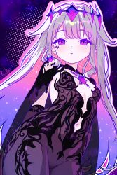 1girl arms_behind_back artist_name black_bodysuit black_gloves bodysuit breasts chest_jewel chronopattern_dress clothing_cutout colored_inner_hair commentary cowboy_shot dot_nose elbow_gloves english_commentary finn_flint gloves grey_hair hair_flaps highres hololive hololive_english koseki_bijou long_hair looking_at_viewer multicolored_hair navel navel_cutout outline parted_lips purple_eyes purple_hair small_breasts solo tiara very_long_hair virtual_youtuber white_outline