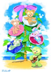 2girls 3boys animal_ears beach bear_girl bow cat_ears duffy_and_friends duffy_the_disney_bear full_body furry furry_female furry_male gelatoni green_fur guitar highres instrument looking_at_viewer multiple_boys multiple_girls olu_mel rabbit_ears rabbit_girl shelliemay shirt skirt smile standing stellalou stuffed_animal stuffed_toy takatmaorange turtle_boy
