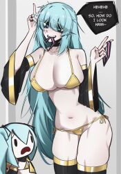 1girl ace_glitch aqua_eyes aqua_hair bare_shoulders bikini black_choker black_nails black_sleeves black_thighhighs breasts choker commentary constricted_pupils detached_sleeves double_v english_commentary english_text gold_bikini gold_trim hair_between_eyes halterneck hands_up hatsune_miku highres large_breasts long_hair looking_at_viewer messy_hair mouth_hold navel necktie pearto sharp_teeth side-tie_bikini_bottom skindentation smile solo speech_bubble stuffed_toy swimsuit teeth teeth_hold thighhighs v very_long_hair vocaloid
